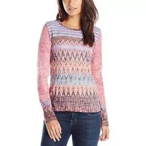 Prana Lottie Long Sleeve Yoga Shirt Pink Print Blue Aztec Print Tee Large